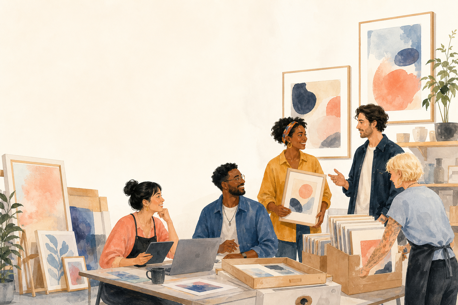 Artists collaborating in a bright studio
